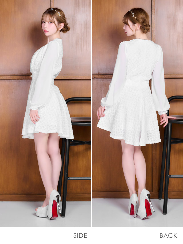 膝丈ドレス Aライン 長袖 ツイード ラメ ワンピース Vネック 大人 上品 二の腕カバー 下着のまま お呼ばれ 高身長 白 キャバドレスのサイドバッグ全身