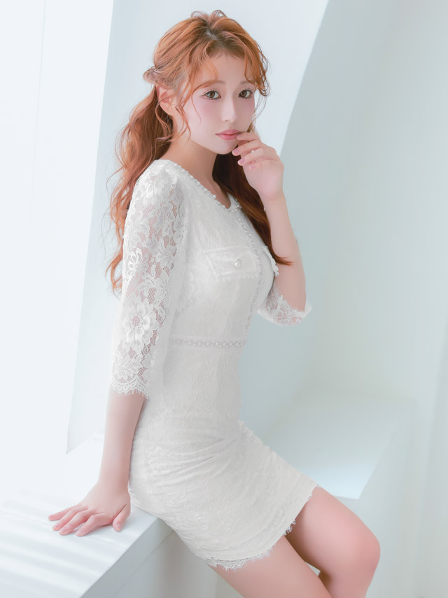 膝丈ドレス 袖あり ビジュー 総レース フェイクポケット 同伴 胸元カバー 高身長 大人 上品 下着のまま 高身長 XL XXL 白 タイト キャバドレスのイメージ画像2