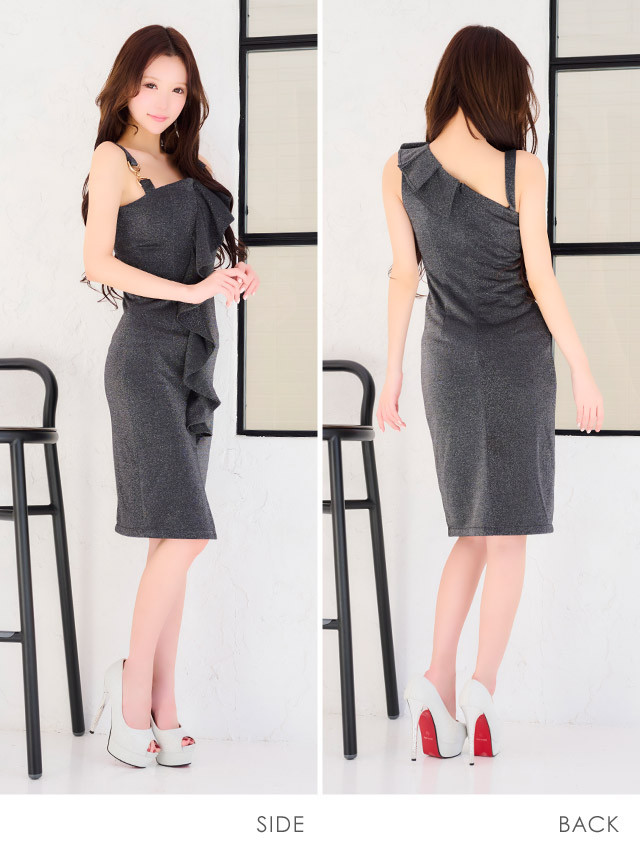 膝丈ドレス タイト ワンショルダー風 フリル アシメショルダー グリッターラメ シンプル 胸元カバー 大人 上品 ストレッチ スリット 高身長 XL ブラック キャバドレスのサイドバッグ全身