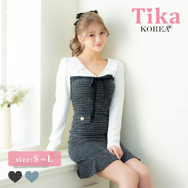 ミニドレス タイト 長袖 ゴールドボタン ウエストカット ストレッチ ツイード調 パイピング モノトーン 白 黒 キャバドレスのメイン画像