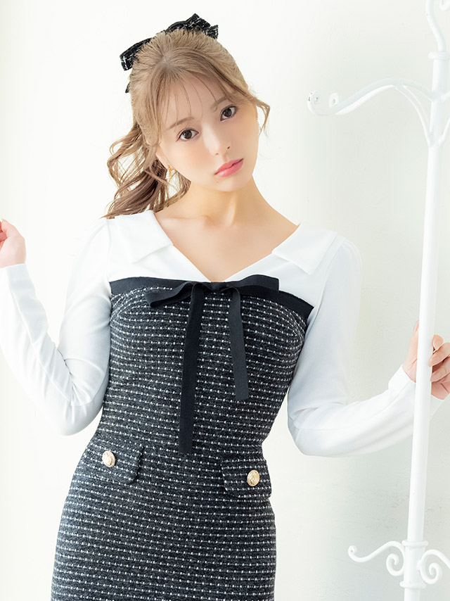 ミニドレス タイト 長袖 ゴールドボタン ウエストカット ストレッチ ツイード調 パイピング モノトーン 白 黒 キャバドレスイメージ画像1