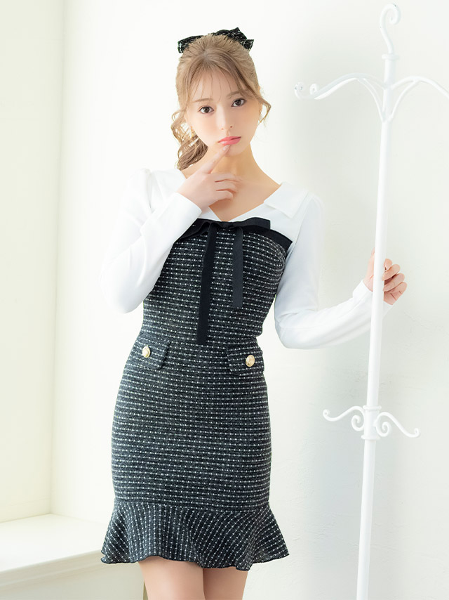 ミニドレス タイト 長袖 ゴールドボタン ウエストカット ストレッチ ツイード調 パイピング モノトーン 白 黒 キャバドレスのイメージ画像2
