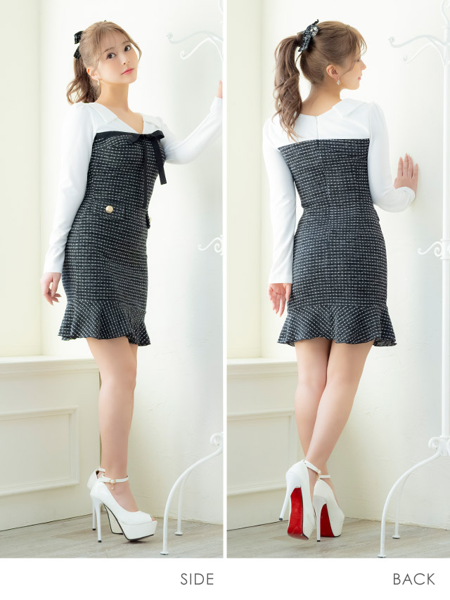 ミニドレス タイト 長袖 ゴールドボタン ウエストカット ストレッチ ツイード調 パイピング モノトーン 白 黒 キャバドレスのサイドバッグ全身