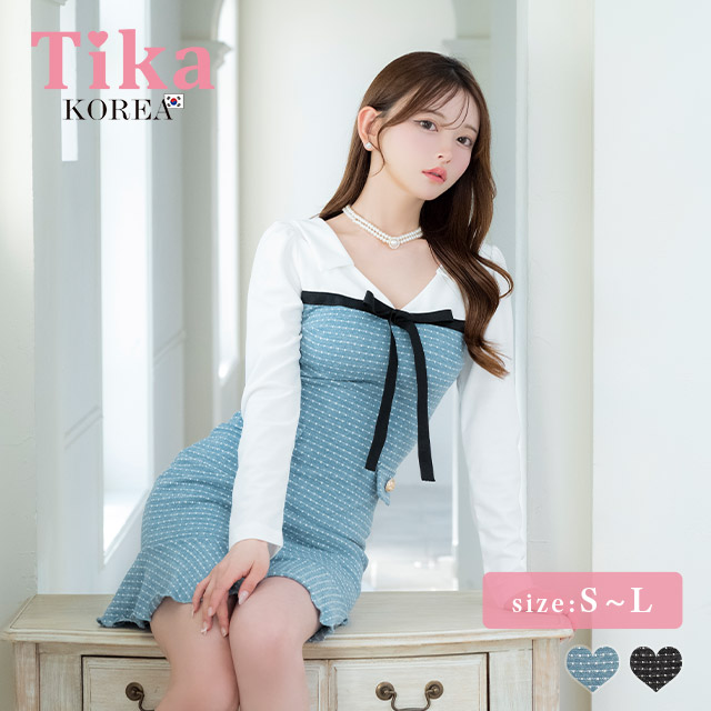 ミニドレス タイト 長袖 ゴールドボタン ウエストカット ストレッチ ツイード調 パイピング モノトーン 白 黒 キャバドレスのメイン画像