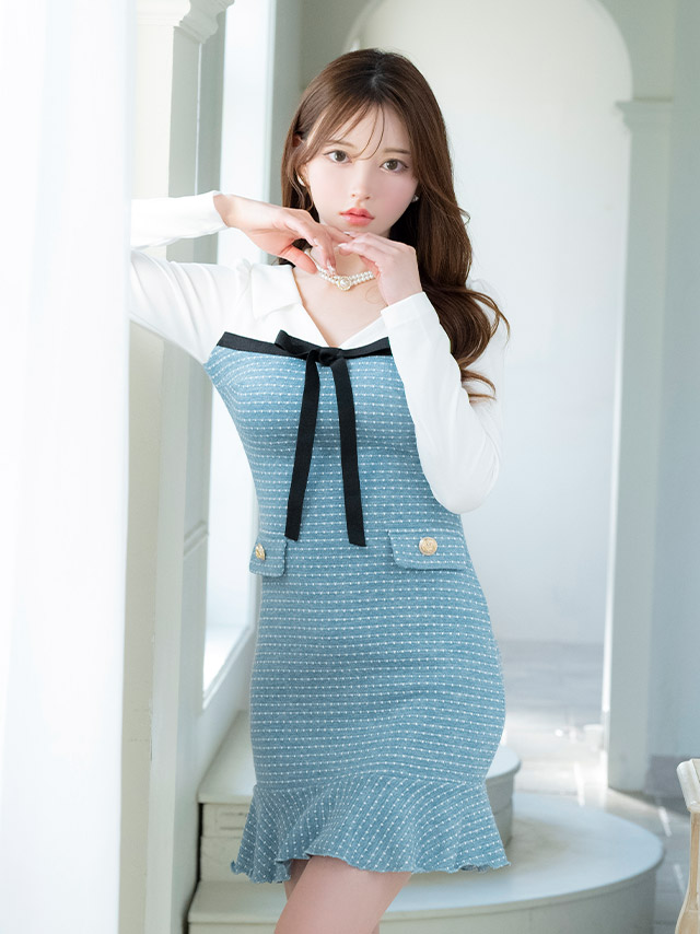 ミニドレス タイト 長袖 ゴールドボタン ウエストカット ストレッチ ツイード調 パイピング モノトーン 白 黒 キャバドレスのイメージ画像2