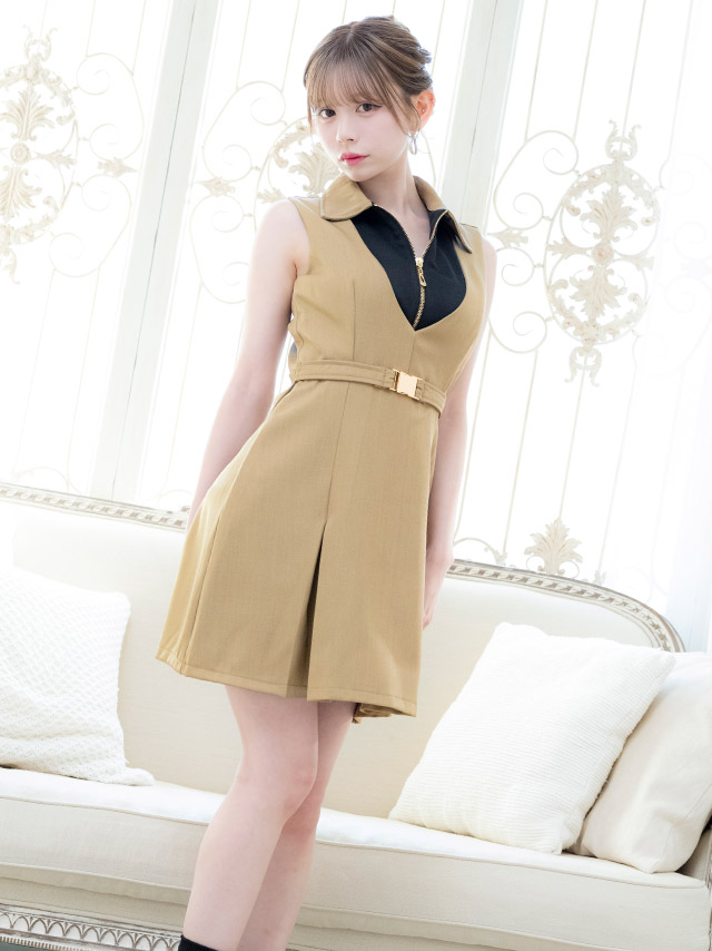 ミニドレス Aライン ノースリーブ ワンピース 同伴 ジップ 谷間 襟付き ベルト付き ブラジャーのまま 大きいサイズ XL XXL カーキ ベージュ キャバドレスのイメージ画像1