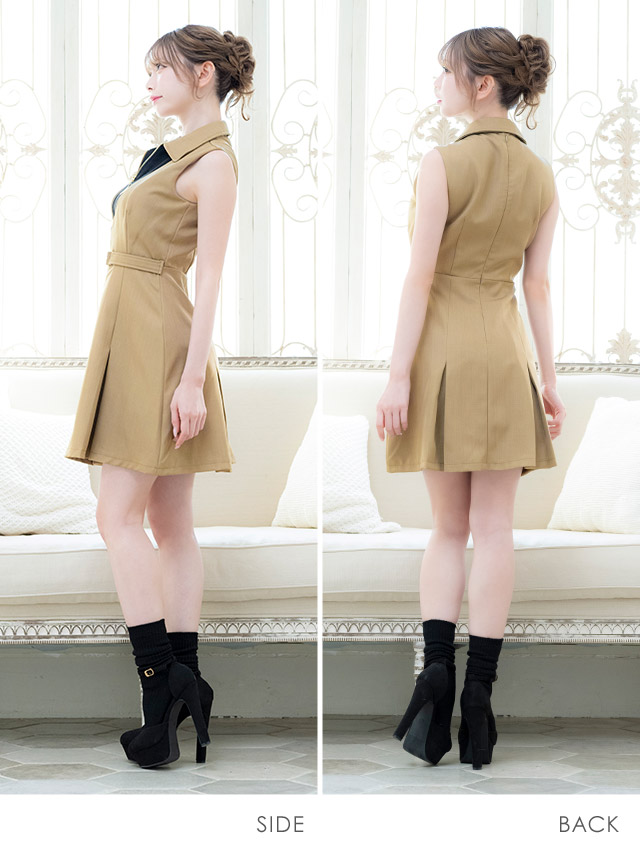 ミニドレス Aライン ノースリーブ ワンピース 同伴 ジップ 谷間 襟付き ベルト付き ブラジャーのまま 大きいサイズ XL XXL カーキ ベージュ キャバドレスのサイドバッグ全身