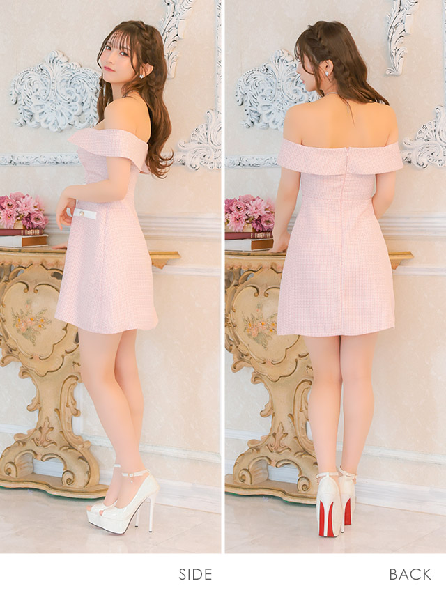 Aライン ミニドレス 谷間 オフショルダー ツイード ウエストベルト付き ジップ バイカラー パールボタン キャバドレスのサイドバッグ全身