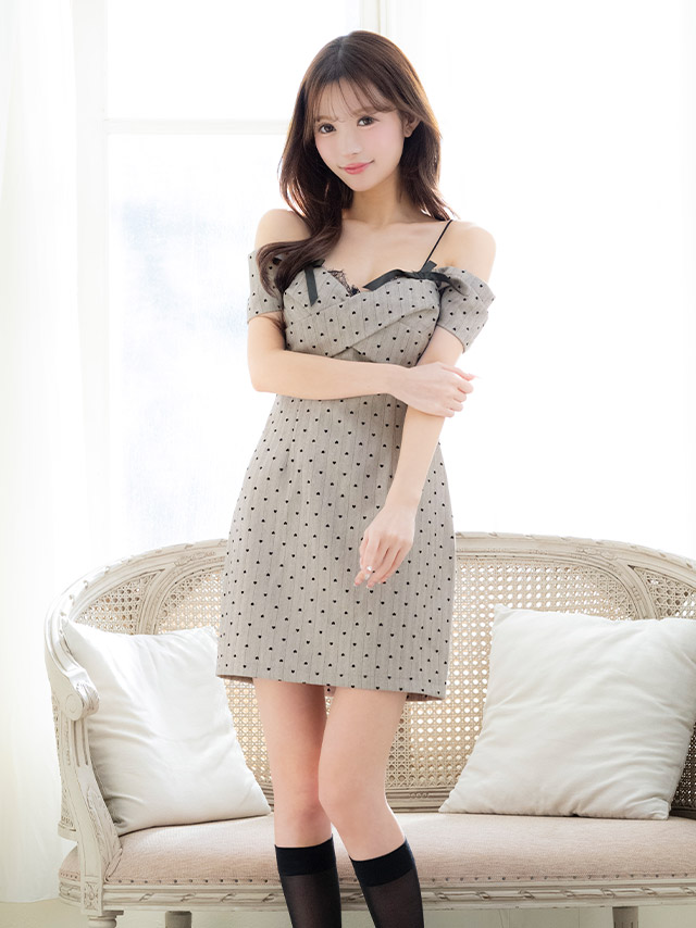 ミニドレス タイト ドット柄 肩あき リボン レース バレンタイン ハート グレージュ XL キャバドレスのイメージ画像3