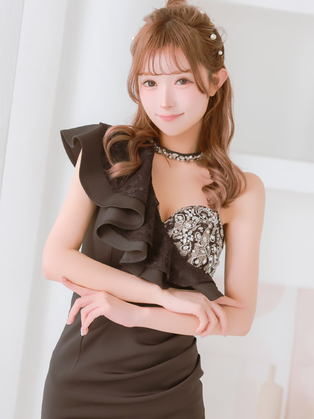 ミニドレス ワンショルダー 大判フリル ビジュー チョーカー付き 谷間 ストレッチ レース ブラック 黒 XL タイト キャバドレス のイメージ画像3