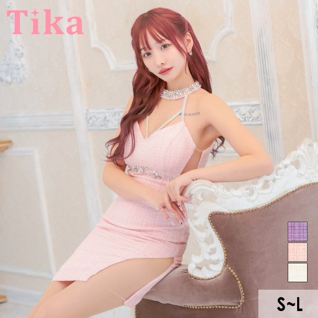 ビジュー付きチョーカーネックアメリカンスリーブストリングシアーくびれ切り替えツイードタイトミニドレスのメイン画像