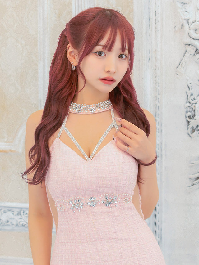 ビジュー付きチョーカーネックアメリカンスリーブストリングシアーくびれ切り替えツイードタイトミニドレスのイメージ画像2