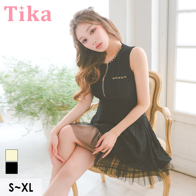 ミニドレス ジップ 谷間 ノースリーブ 下着のまま チュールスカート付き 黒 ブラック XL Aライン キャバドレスのメイン画像