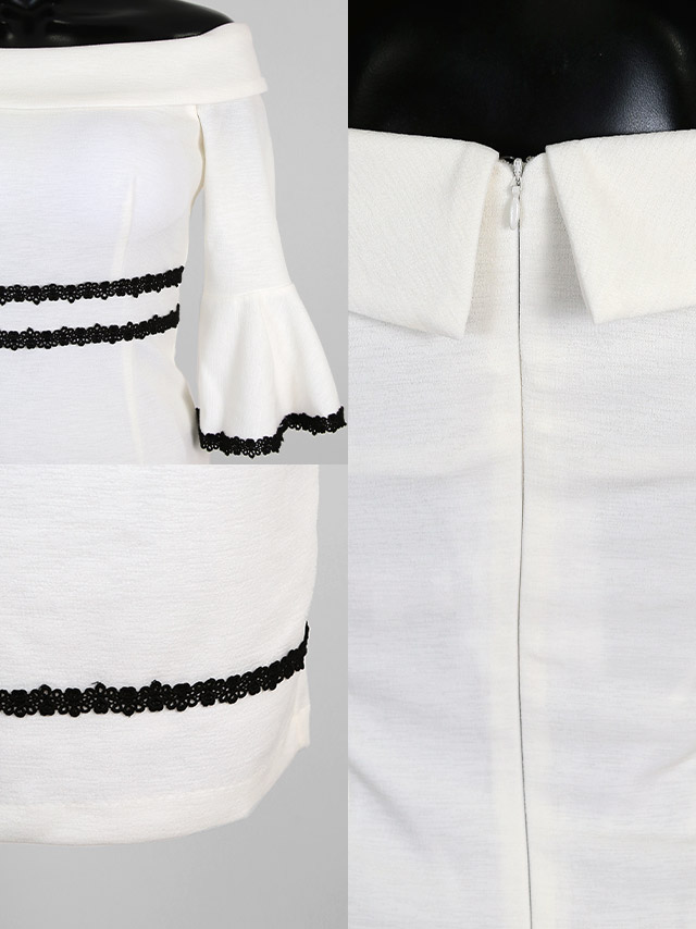 韓国ドレス 膝丈ドレス オフショルダー 刺繍レース モノトーン 袖あり 七分袖 タイト キャバドレスのディティール1