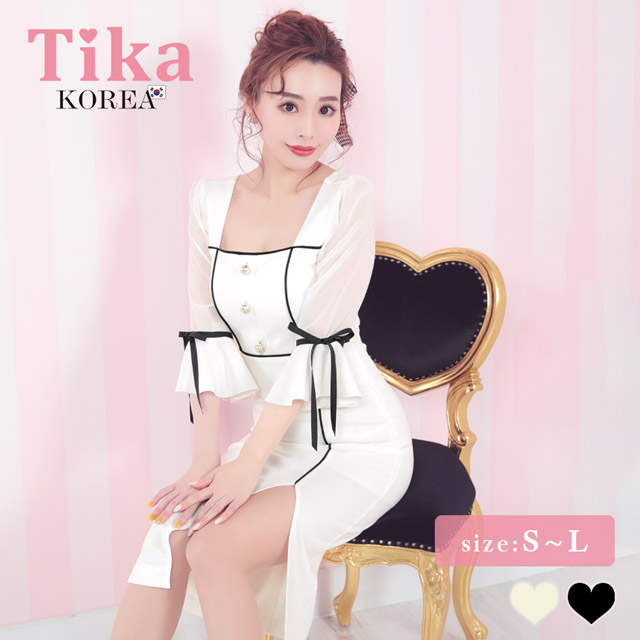 韓国ドレス 膝丈ドレス モノトーン パフスリーブ 袖あり 七分袖 スリット お呼ばれ タイト キャバドレスのメイン画像