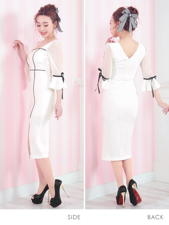韓国ドレス 膝丈ドレス モノトーン パフスリーブ 袖あり 七分袖 スリット お呼ばれ タイト キャバドレスのサイドバッグ全身