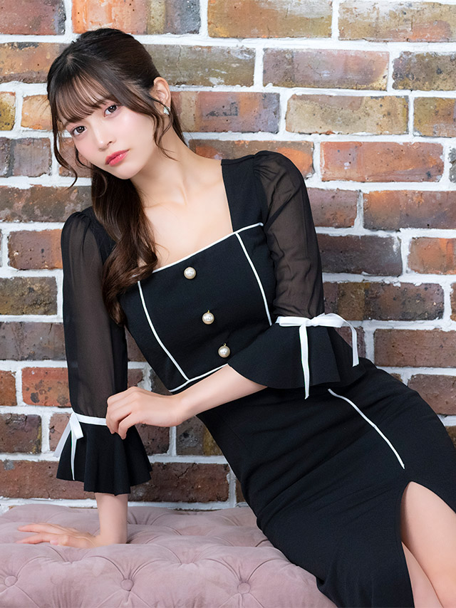 [韓国ドレス] 膝丈ドレス モノトーン パフスリーブ 袖あり 七分袖 スリット お呼ばれ タイト キャバドレス (黒嵜菜々子着用) [tk-mdk042a]のイメージ画像3
