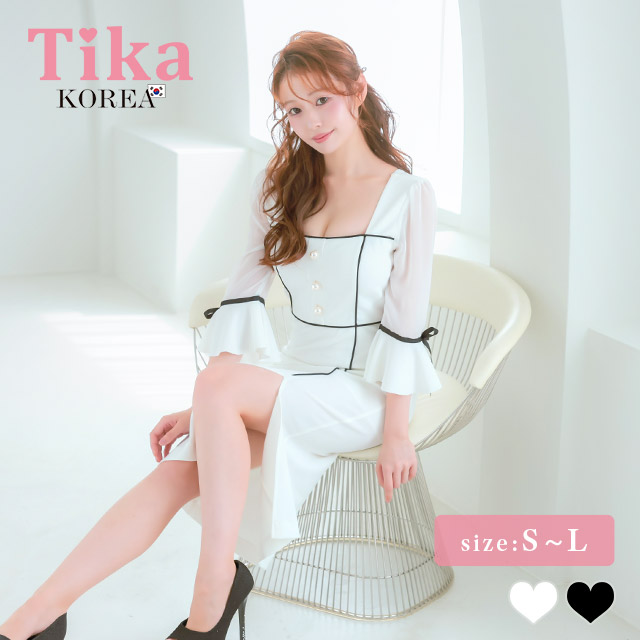 韓国ドレス 膝丈ドレス モノトーン パフスリーブ 袖あり 七分袖 スリット お呼ばれ タイト キャバドレスのメイン画像