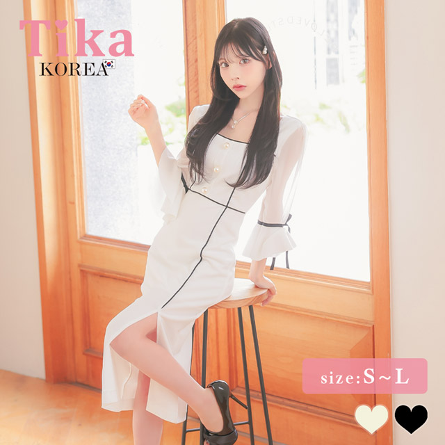 韓国ドレス 膝丈ドレス モノトーン パフスリーブ 袖あり 七分袖 スリット お呼ばれ タイト キャバドレスのメイン画像