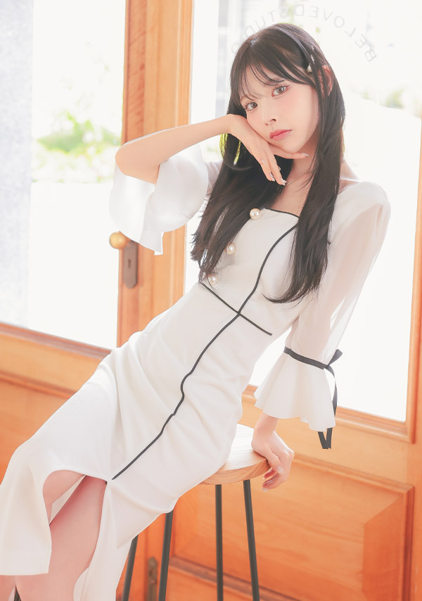 韓国ドレス 膝丈ドレス モノトーン パフスリーブ 袖あり 七分袖 スリット お呼ばれ タイト キャバドレスイメージ画像1