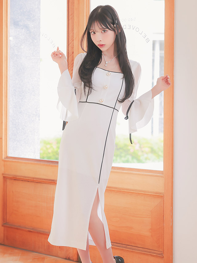 韓国ドレス 膝丈ドレス モノトーン パフスリーブ 袖あり 七分袖 スリット お呼ばれ タイト キャバドレスのイメージ画像2