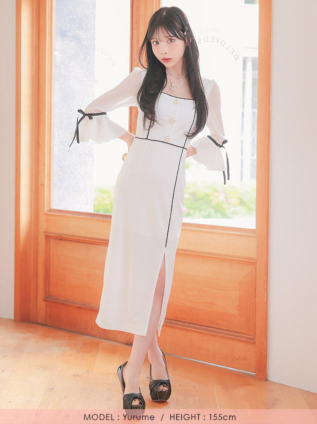 韓国ドレス 膝丈ドレス モノトーン パフスリーブ 袖あり 七分袖 スリット お呼ばれ タイト キャバドレスのフロント全身