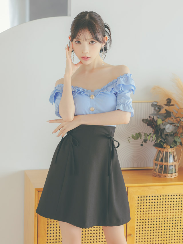 韓国ドレス ワンピース オフショルダー フリルボタン サイドリボン 水色 ブルー Aライン キャバドレスイメージ画像1