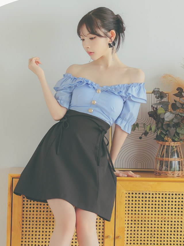 韓国ドレス ワンピース オフショルダー フリルボタン サイドリボン 水色 ブルー Aライン キャバドレスイメージ画像1
