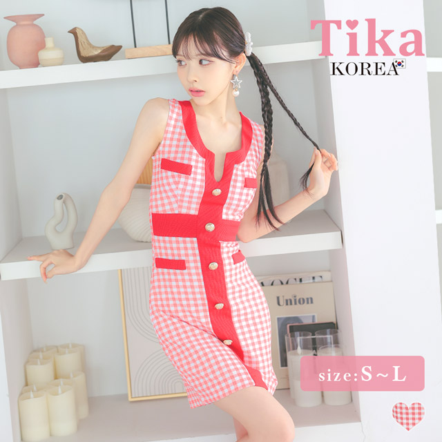 韓国ドレス ミニドレス ノースリーブ ギンガムチェック柄 赤 タイト キャバドのメイン画像
