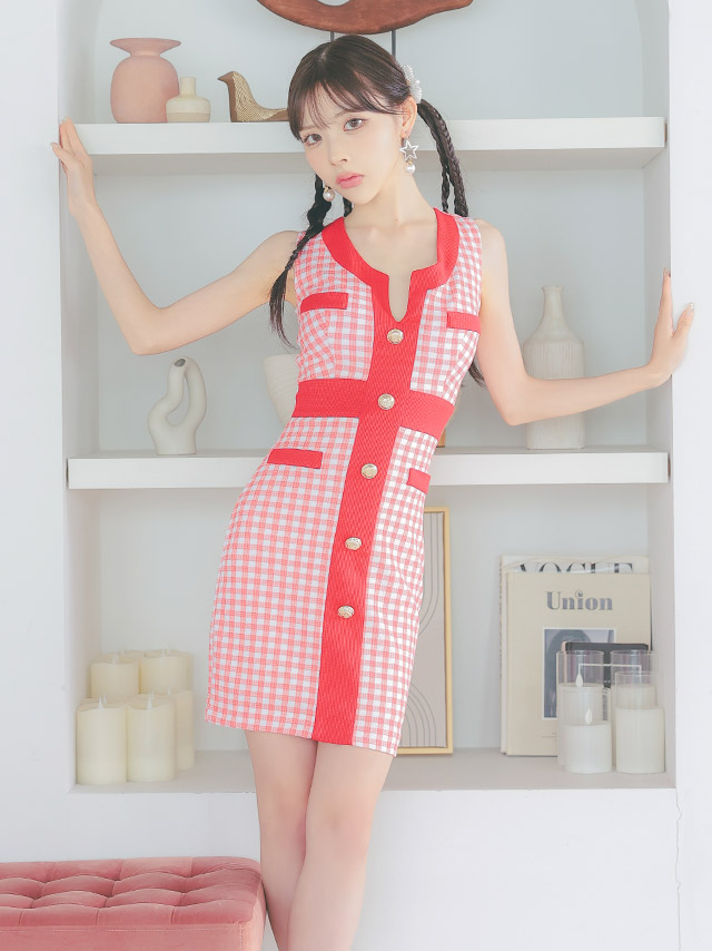 韓国ドレス ミニドレス ノースリーブ ギンガムチェック柄 赤 タイト キャバドのイメージ画像2