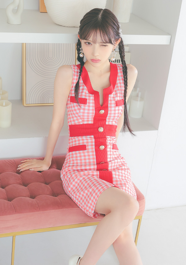 韓国ドレス ミニドレス ノースリーブ ギンガムチェック柄 赤 タイト キャバドのイメージ画像2