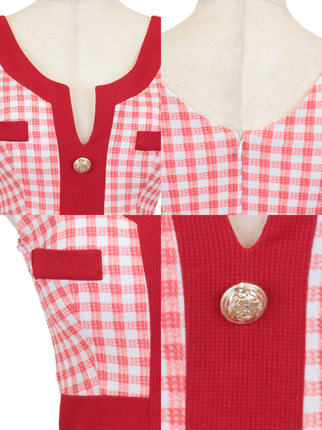 韓国ドレス ミニドレス ノースリーブ ギンガムチェック柄 赤 タイト キャバドのディティール1