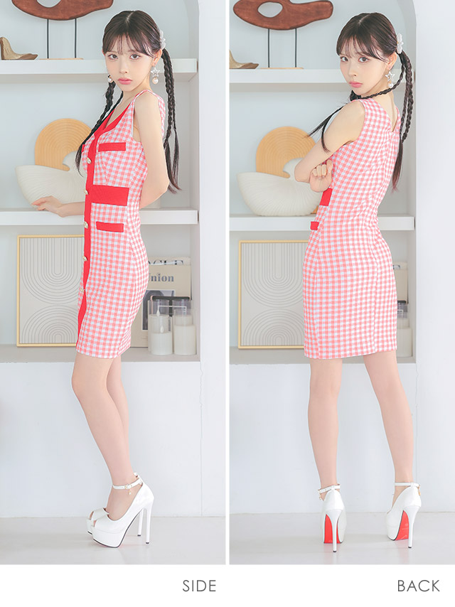 韓国ドレス ミニドレス ノースリーブ ギンガムチェック柄 赤 タイト キャバドのサイドバッグ全身