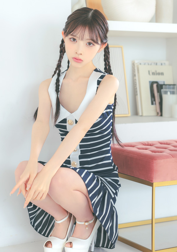 韓国ドレス ワンピース マリン風 襟付き ボーダー ノースリーブ フリル Aライン ミニドレスイメージ画像1