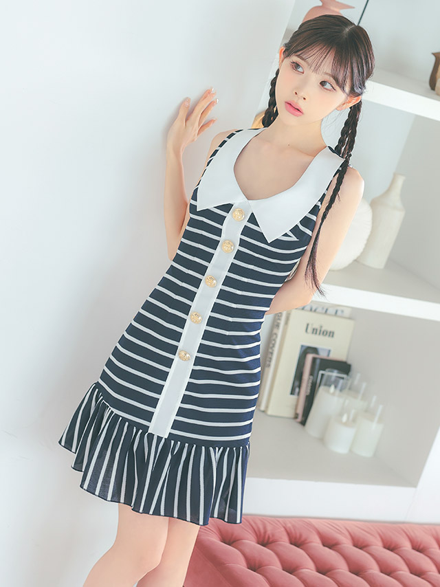 韓国ドレス ワンピース マリン風 襟付き ボーダー ノースリーブ フリル Aライン ミニドレスのイメージ画像2
