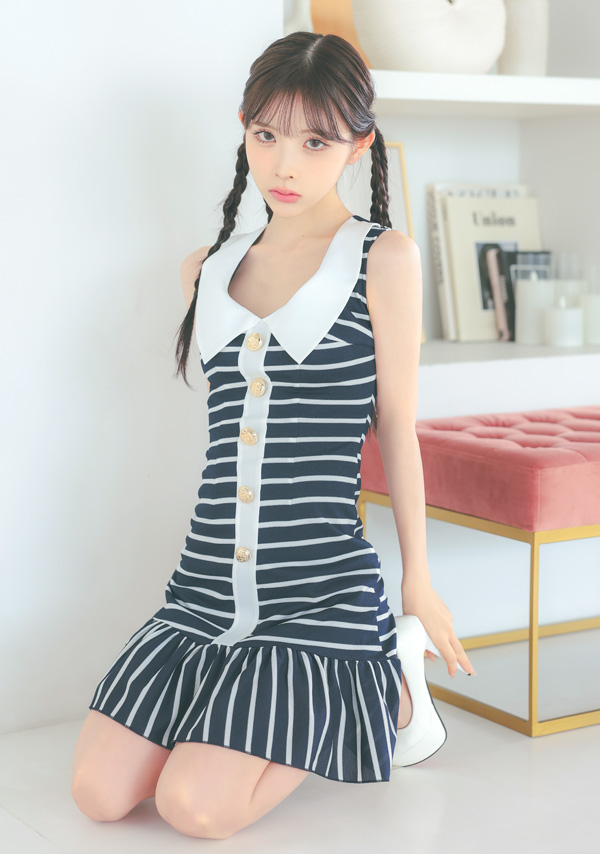 韓国ドレス ワンピース マリン風 襟付き ボーダー ノースリーブ フリル Aライン ミニドレスのイメージ画像2