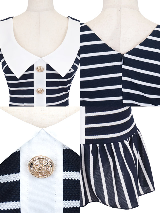 韓国ドレス ワンピース マリン風 襟付き ボーダー ノースリーブ フリル Aライン ミニドレスのディティール1