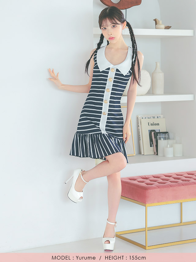 韓国ドレス ワンピース マリン風 襟付き ボーダー ノースリーブ フリル Aライン ミニドレスのフロント全身