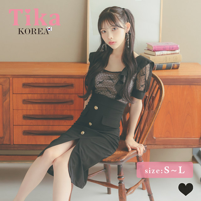 韓国ドレス 膝丈ドレス サロペット風 半袖 シアーリボン フロントボタン タイト キャバドレスのメイン画像