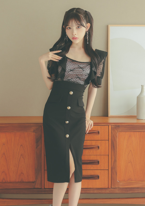 韓国ドレス 膝丈ドレス サロペット風 半袖 シアーリボン フロントボタン タイト キャバドレスイメージ画像1