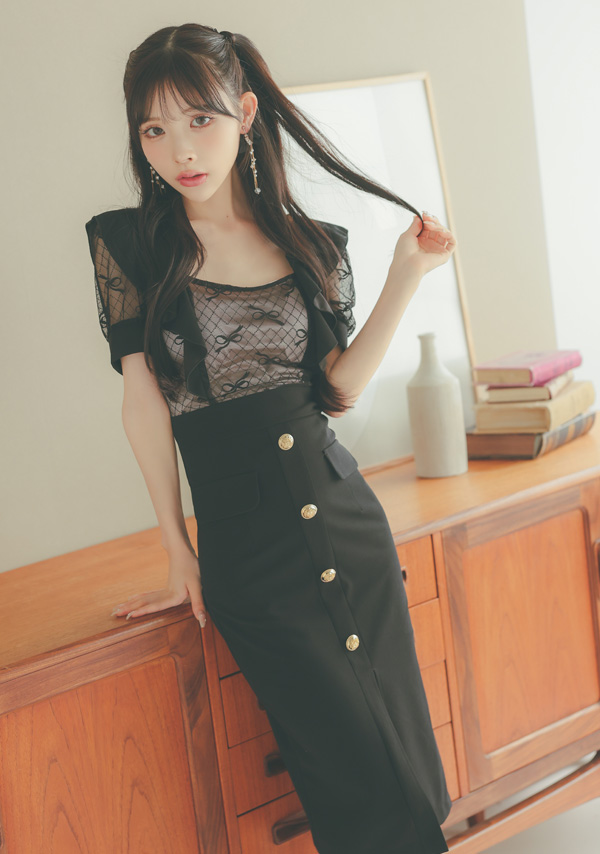 韓国ドレス 膝丈ドレス サロペット風 半袖 シアーリボン フロントボタン タイト キャバドレスイメージ画像1