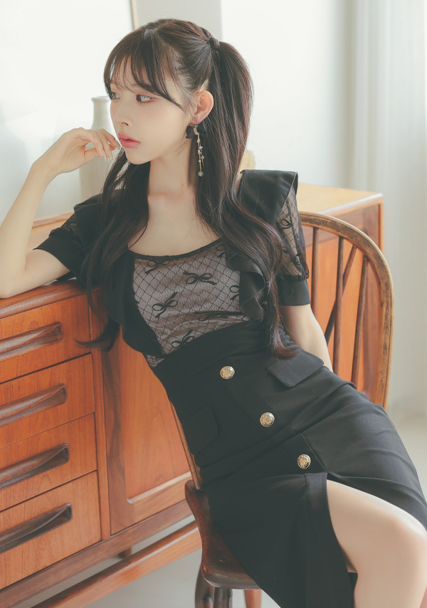 韓国ドレス 膝丈ドレス サロペット風 半袖 シアーリボン フロントボタン タイト キャバドレスのイメージ画像2