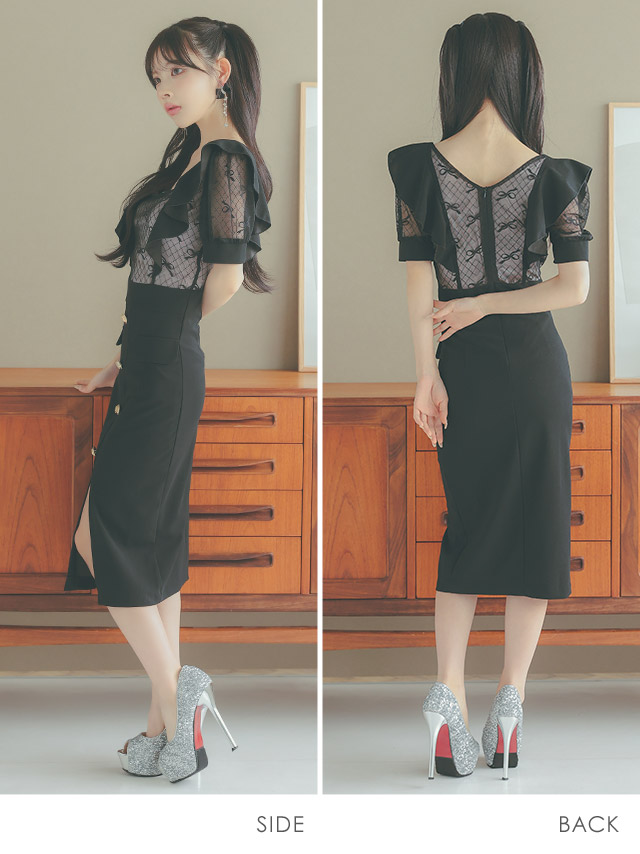 韓国ドレス 膝丈ドレス サロペット風 半袖 シアーリボン フロントボタン タイト キャバドレスのサイドバッグ全身