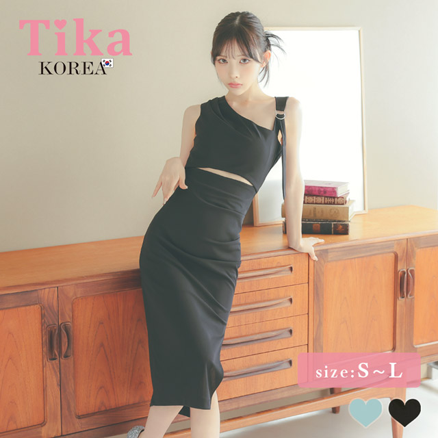 韓国ドレス 膝丈ドレス ワンショルダー風 アシメショルダー ウエストカット ギャザー タイト キャバドレスのメイン画像