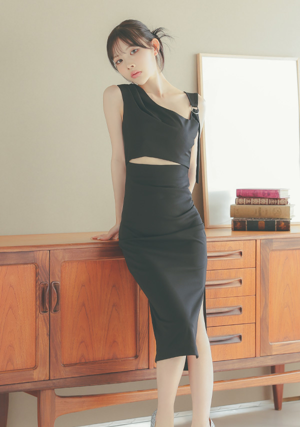 韓国ドレス 膝丈ドレス ワンショルダー風 アシメショルダー ウエストカット ギャザー タイト キャバドレスのイメージ画像2