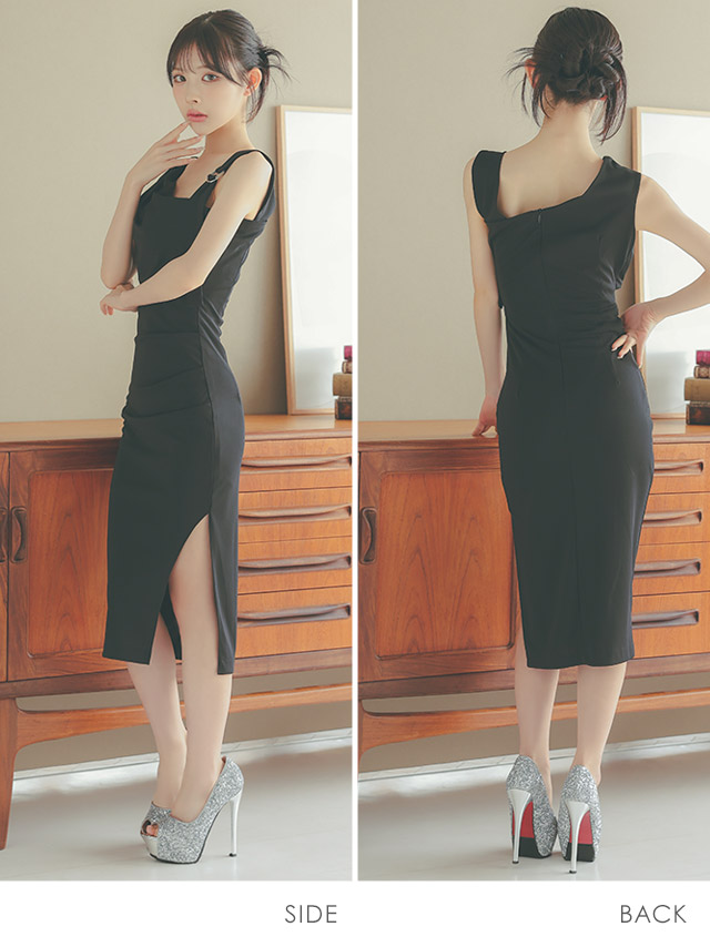 韓国ドレス 膝丈ドレス ワンショルダー風 アシメショルダー ウエストカット ギャザー タイト キャバドレスのサイドバッグ全身