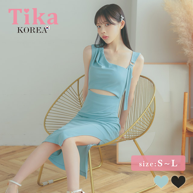 韓国ドレス 膝丈ドレス ワンショルダー風 アシメショルダー ウエストカット ギャザー タイト キャバドレスのメイン画像