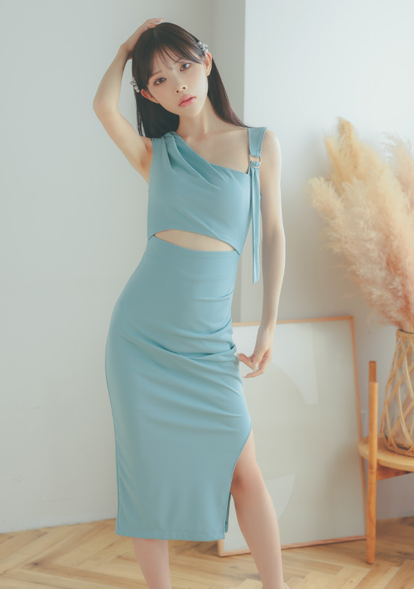 韓国ドレス 膝丈ドレス ワンショルダー風 アシメショルダー ウエストカット ギャザー タイト キャバドレスイメージ画像1