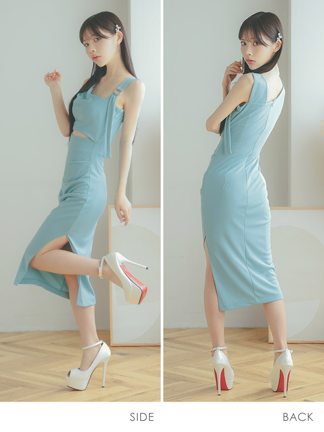 韓国ドレス 膝丈ドレス ワンショルダー風 アシメショルダー ウエストカット ギャザー タイト キャバドレスのサイドバッグ全身