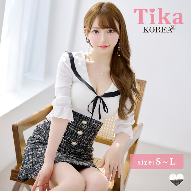 韓国ドレス ミニドレス 襟付き ネックリボン シフォン パフスリーブ ツイード チェック柄 袖あり 五分袖 Aライン キャバドレスのメイン画像